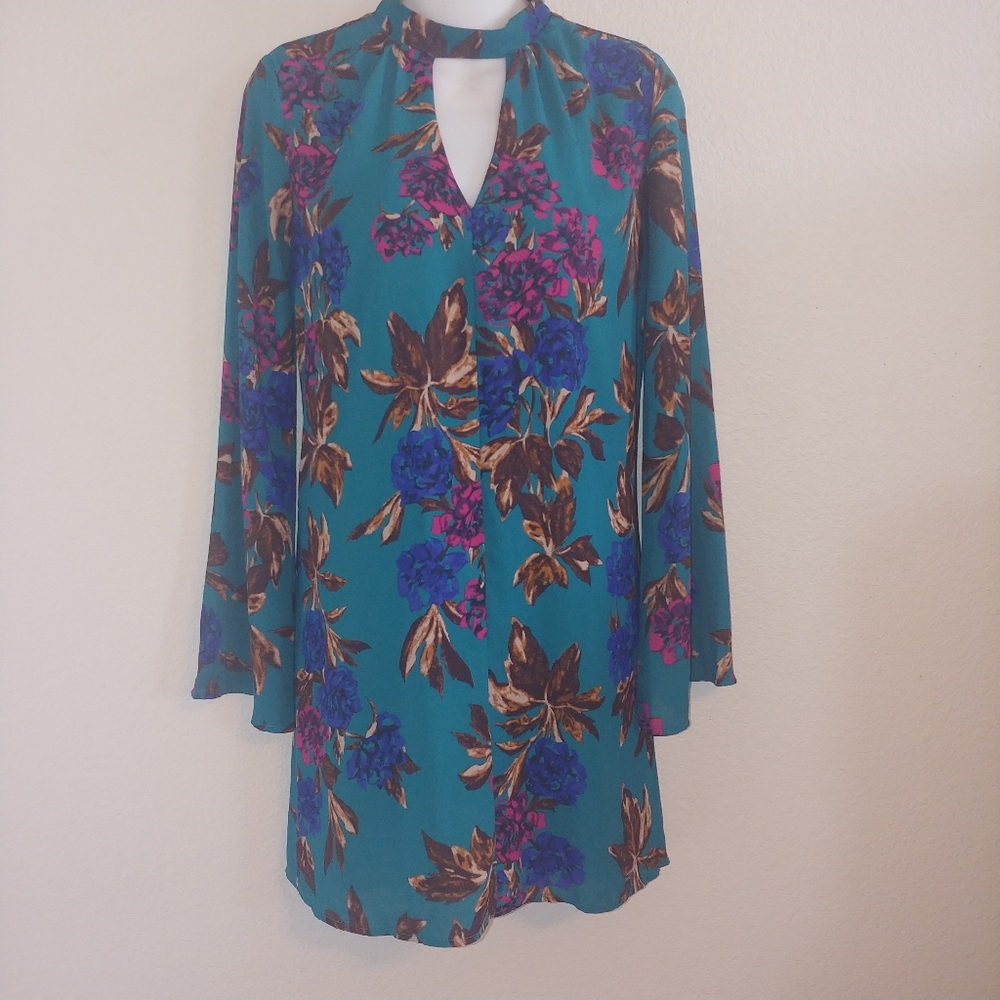 Dejavu Teal High Neck Dress Keyhole floral